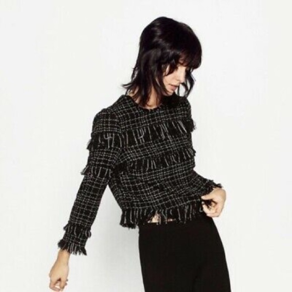 Zara frayed tweed blouse